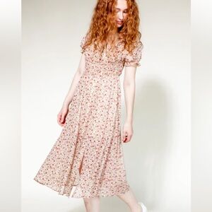 Pink Martini Marigold Dress XS Floral Puff Sleeve Midi